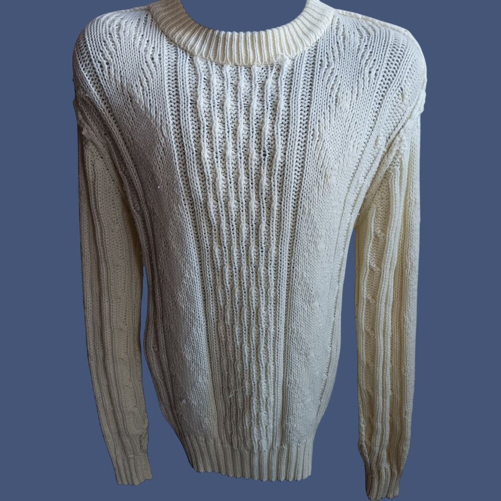 XL Vintage Fisherman Sweater Cream Cable Knit 90's Long Sleeve Pullover Snags